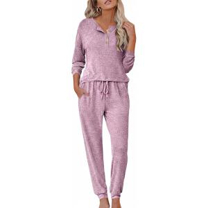 imageEkouaer Womens Pajama Sets Long Sleeve Lounge Set 2 Piece Pj Sets for Women Henley Neck Casual Sleepwear Loungewear SXXLPurple