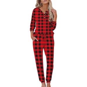 imageEkouaer Womens Pajama Sets Long Sleeve Lounge Set 2 Piece Pj Sets for Women Henley Neck Casual Sleepwear Loungewear SXXLRed and Black Plaid