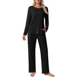 imageEkouaer Womens Pajama Sets Pleated Tops with Long Pants Lounge Set Long Sleeve Fall Sleepwear Ladies Pjs SXXLBlack
