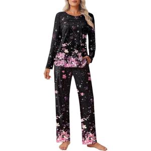imageEkouaer Womens Pajama Sets Pleated Tops with Long Pants Lounge Set Long Sleeve Fall Sleepwear Ladies Pjs SXXLBlack Floral