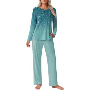 imageEkouaer Womens Pajama Sets Pleated Tops with Long Pants Lounge Set Long Sleeve Fall Sleepwear Ladies Pjs SXXLGreen Leaves