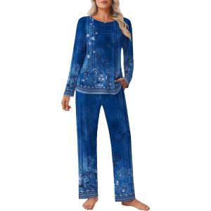imageEkouaer Womens Pajama Sets Pleated Tops with Long Pants Lounge Set Long Sleeve Fall Sleepwear Ladies Pjs SXXLNavy Folk Print