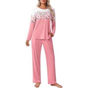 imageEkouaer Womens Pajama Sets Pleated Tops with Long Pants Lounge Set Long Sleeve Fall Sleepwear Ladies Pjs SXXLPink Floral