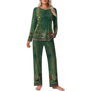 imageEkouaer Womens Pajama Sets Pleated Tops with Long Pants Lounge Set Long Sleeve Fall Sleepwear Ladies Pjs SXXLSage Folk Print