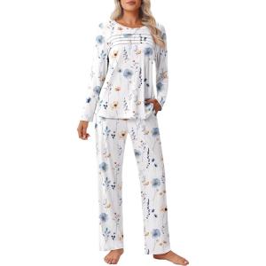 imageEkouaer Womens Pajama Sets Pleated Tops with Long Pants Lounge Set Long Sleeve Fall Sleepwear Ladies Pjs SXXLWhite Floral
