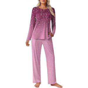 imageEkouaer Womens Pajama Sets Pleated Tops with Long Pants Lounge Set Long Sleeve Fall Sleepwear Ladies Pjs SXXLWine Ombre Leaves