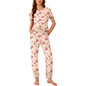 imageEkouaer Womens Pajama Sets Short Sleeve Lounge Sets for Women Printed Jogger Pajama Set 2 Piece Pj Sets With Pockets SXXLCherry Teddy Bear