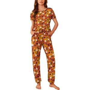 imageEkouaer Womens Pajama Sets Short Sleeve Lounge Sets for Women Printed Jogger Pajama Set 2 Piece Pj Sets With Pockets SXXLOrange Halloween Pattern