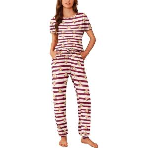 imageEkouaer Womens Pajama Sets Short Sleeve Lounge Sets for Women Printed Jogger Pajama Set 2 Piece Pj Sets With Pockets SXXLStriped Teddy Bear