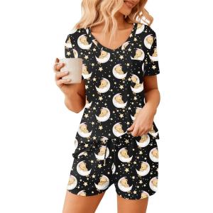 imageEkouaer Womens Pajama Sets Short Sleeve Pajamas for Women Sets Soft Lounge Sets Casual V Neck Sleepwear PJSBlack Teddy