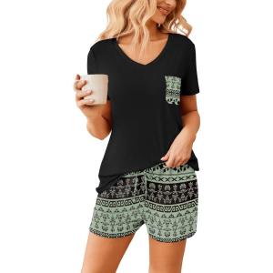 imageEkouaer Womens Pajama Sets Short Sleeve Pajamas for Women Sets Soft Lounge Sets Casual V Neck Sleepwear PJSBoho Vintage