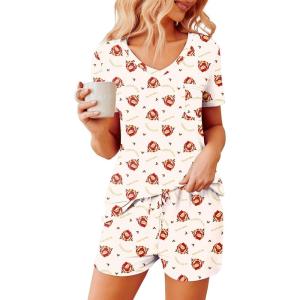 imageEkouaer Womens Pajama Sets Short Sleeve Pajamas for Women Sets Soft Lounge Sets Casual V Neck Sleepwear PJSChampagne Christmas Teddy