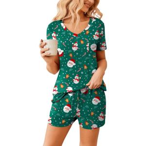 imageEkouaer Womens Pajama Sets Short Sleeve Pajamas for Women Sets Soft Lounge Sets Casual V Neck Sleepwear PJSGreen Christmas