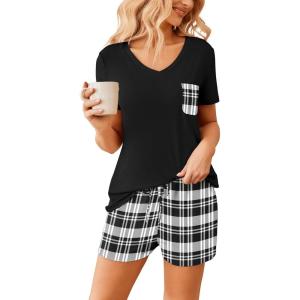 imageEkouaer Womens Pajama Sets Short Sleeve Pajamas for Women Sets Soft Lounge Sets Casual V Neck Sleepwear PJSGrey Plaid