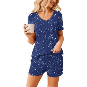 imageEkouaer Womens Pajama Sets Short Sleeve Pajamas for Women Sets Soft Lounge Sets Casual V Neck Sleepwear PJSNavy Blue Star