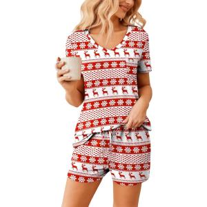 imageEkouaer Womens Pajama Sets Short Sleeve Pajamas for Women Sets Soft Lounge Sets Casual V Neck Sleepwear PJSRed Christmas