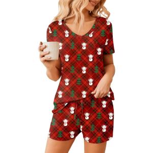 imageEkouaer Womens Pajama Sets Short Sleeve Pajamas for Women Sets Soft Lounge Sets Casual V Neck Sleepwear PJSRed Christmas Teddy