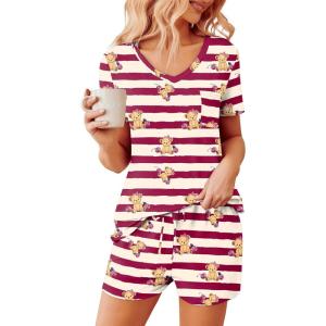 imageEkouaer Womens Pajama Sets Short Sleeve Pajamas for Women Sets Soft Lounge Sets Casual V Neck Sleepwear PJSRed Striped Teddy