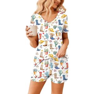 imageEkouaer Womens Pajama Sets Short Sleeve Pajamas for Women Sets Soft Lounge Sets Casual V Neck Sleepwear PJSWestern Cactus