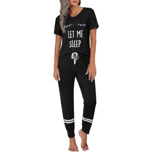 imageEkouaer Womens Pajamas Set 2 Piece Lounge Pj Set Short Sleeve Sleepwear Tops with Joggers Pants Loungewear Print NightwearBlack 2