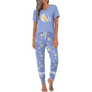 imageEkouaer Womens Pajamas Set 2 Piece Lounge Pj Set Short Sleeve Sleepwear Tops with Joggers Pants Loungewear Print NightwearBlue Teddy