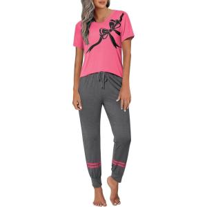 imageEkouaer Womens Pajamas Set 2 Piece Lounge Pj Set Short Sleeve Sleepwear Tops with Joggers Pants Loungewear Print NightwearButterfly