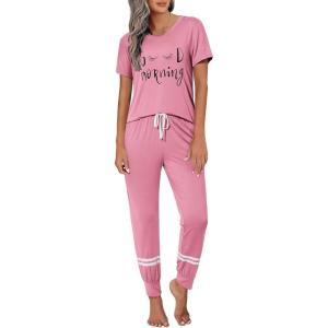 imageEkouaer Womens Pajamas Set 2 Piece Lounge Pj Set Short Sleeve Sleepwear Tops with Joggers Pants Loungewear Print NightwearDark Pink