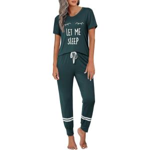imageEkouaer Womens Pajamas Set 2 Piece Lounge Pj Set Short Sleeve Sleepwear Tops with Joggers Pants Loungewear Print NightwearDeep Green