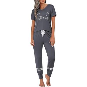 imageEkouaer Womens Pajamas Set 2 Piece Lounge Pj Set Short Sleeve Sleepwear Tops with Joggers Pants Loungewear Print NightwearDeep Grey
