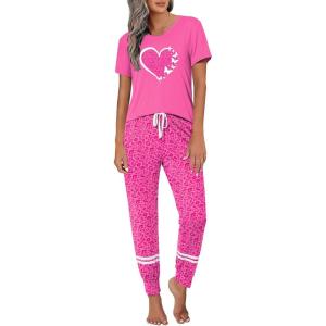imageEkouaer Womens Pajamas Set 2 Piece Lounge Pj Set Short Sleeve Sleepwear Tops with Joggers Pants Loungewear Print NightwearHot Leopard Print