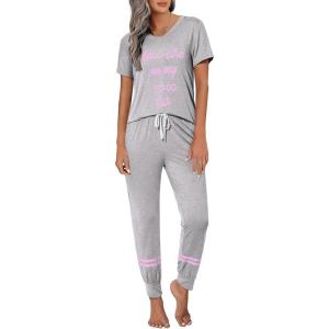 imageEkouaer Womens Pajamas Set 2 Piece Lounge Pj Set Short Sleeve Sleepwear Tops with Joggers Pants Loungewear Print NightwearLight Grey2