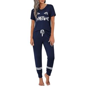 imageEkouaer Womens Pajamas Set 2 Piece Lounge Pj Set Short Sleeve Sleepwear Tops with Joggers Pants Loungewear Print NightwearNavy Blue