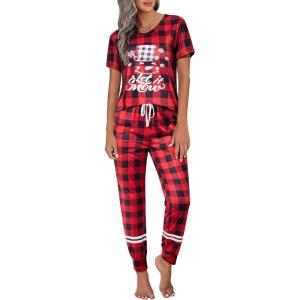imageEkouaer Womens Pajamas Set 2 Piece Lounge Pj Set Short Sleeve Sleepwear Tops with Joggers Pants Loungewear Print NightwearPattern1red Plaid