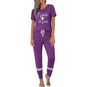 imageEkouaer Womens Pajamas Set 2 Piece Lounge Pj Set Short Sleeve Sleepwear Tops with Joggers Pants Loungewear Print NightwearPattern2