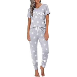 imageEkouaer Womens Pajamas Set 2 Piece Lounge Pj Set Short Sleeve Sleepwear Tops with Joggers Pants Loungewear Print NightwearPattern4
