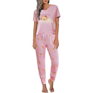 imageEkouaer Womens Pajamas Set 2 Piece Lounge Pj Set Short Sleeve Sleepwear Tops with Joggers Pants Loungewear Print NightwearPink Teddy