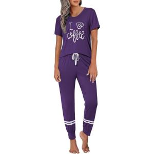 imageEkouaer Womens Pajamas Set 2 Piece Lounge Pj Set Short Sleeve Sleepwear Tops with Joggers Pants Loungewear Print NightwearPurple
