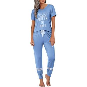 imageEkouaer Womens Pajamas Set 2 Piece Lounge Pj Set Short Sleeve Sleepwear Tops with Joggers Pants Loungewear Print NightwearSky Blue