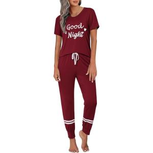 imageEkouaer Womens Pajamas Set 2 Piece Lounge Pj Set Short Sleeve Sleepwear Tops with Joggers Pants Loungewear Print NightwearWine Red