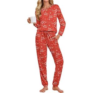 imageEkouaer Womens Pajamas Set Long Sleeve Christmas PJ Sets Soft Lounge Set for Women Sleepwear Joggers with PocketsRed Christmas