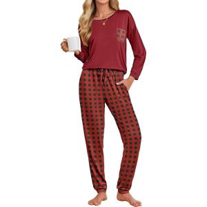 imageEkouaer Womens Pajamas Set Long Sleeve Christmas PJ Sets Soft Lounge Set for Women Sleepwear Joggers with PocketsRed Plaid 2