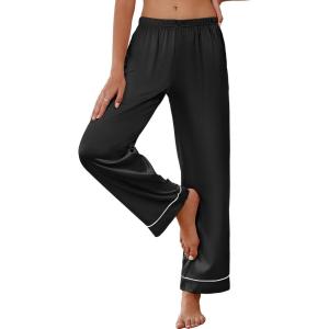 imageEkouaer Womens Silk Satin Pajama Pants Soft Loose Lounge Pants Lightweight Elastic Waist Wide Leg Pj Bottoms with PocketsBlack