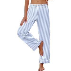 imageEkouaer Womens Silk Satin Pajama Pants Soft Loose Lounge Pants Lightweight Elastic Waist Wide Leg Pj Bottoms with PocketsBlue Stripes