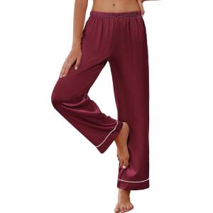 imageEkouaer Womens Silk Satin Pajama Pants Soft Loose Lounge Pants Lightweight Elastic Waist Wide Leg Pj Bottoms with PocketsBurgundy