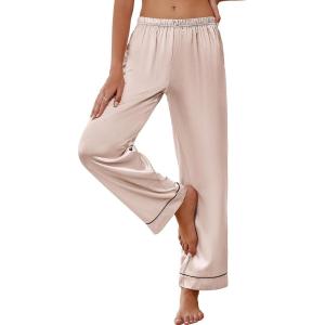 imageEkouaer Womens Silk Satin Pajama Pants Soft Loose Lounge Pants Lightweight Elastic Waist Wide Leg Pj Bottoms with PocketsChampagne