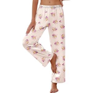 imageEkouaer Womens Silk Satin Pajama Pants Soft Loose Lounge Pants Lightweight Elastic Waist Wide Leg Pj Bottoms with PocketsChampagne Love Teddy