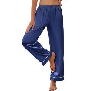 imageEkouaer Womens Silk Satin Pajama Pants Soft Loose Lounge Pants Lightweight Elastic Waist Wide Leg Pj Bottoms with PocketsNavy