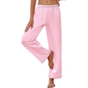imageEkouaer Womens Silk Satin Pajama Pants Soft Loose Lounge Pants Lightweight Elastic Waist Wide Leg Pj Bottoms with PocketsPink