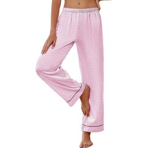 imageEkouaer Womens Silk Satin Pajama Pants Soft Loose Lounge Pants Lightweight Elastic Waist Wide Leg Pj Bottoms with PocketsPink Dots