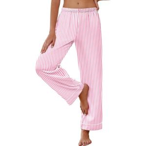 imageEkouaer Womens Silk Satin Pajama Pants Soft Loose Lounge Pants Lightweight Elastic Waist Wide Leg Pj Bottoms with PocketsPink Stripes